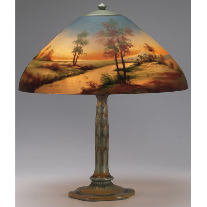 Appraisal: Jefferson lamp reverse painted shade with a landscape supported by