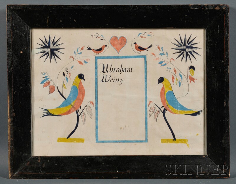 Appraisal: Framed Pennsylvania Fraktur th century executed in ink and gouache