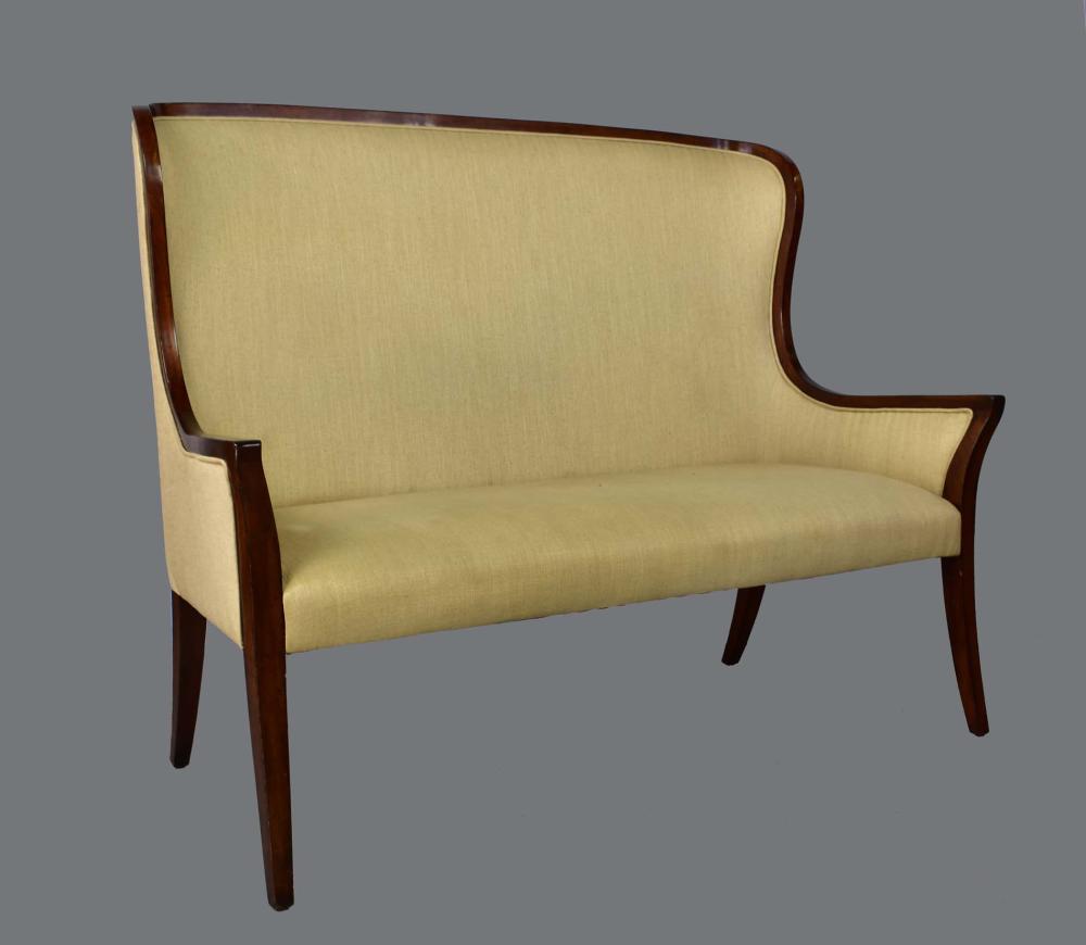 Appraisal: FRENCH MAHOGANY SETTEEThe shaped curved linen upholstered back continuing to