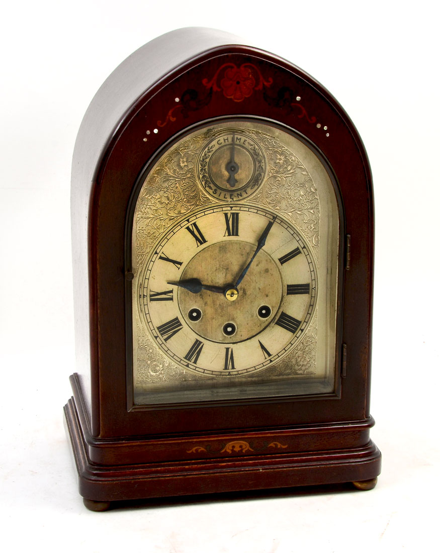 Appraisal: GUSTAV BECKER MAHOGANY INLAID BEEHIVE CLOCK Mahogany beehive mantle clock