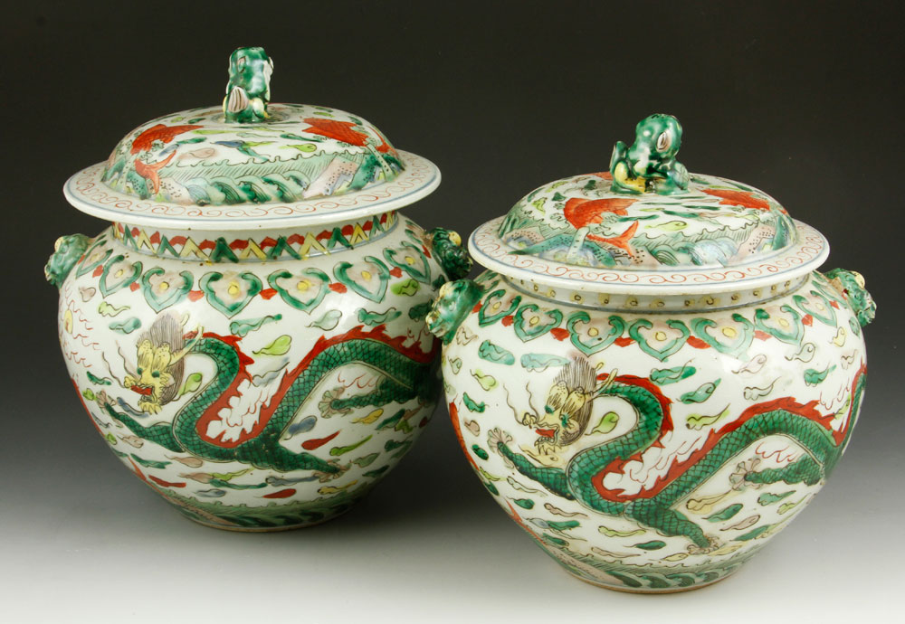 Appraisal: - Chinese Ginger Jars Two almost identical covered ginger jars