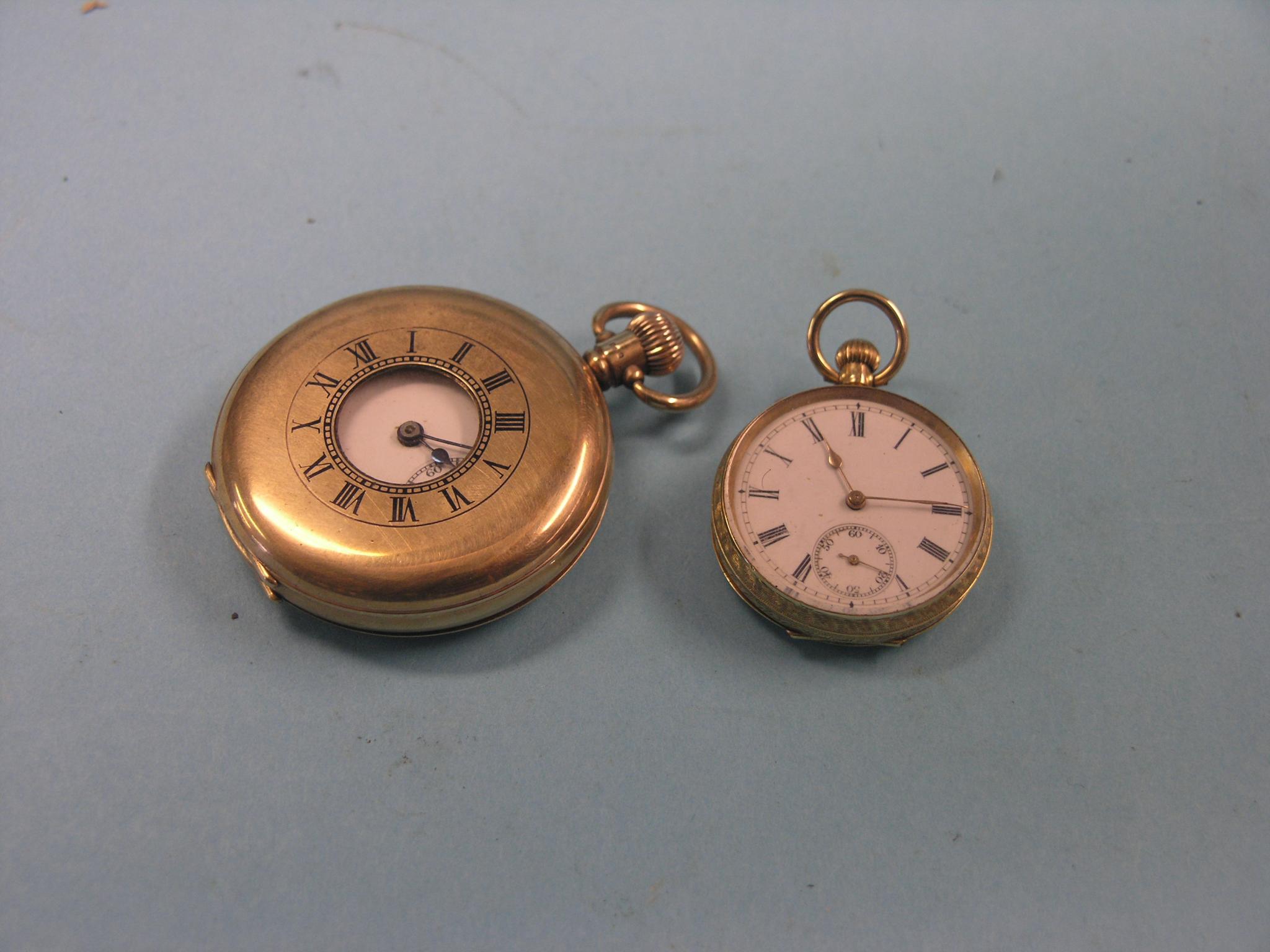 Appraisal: A ct gold half-hunter pocket watch enamelled dial with subsidiary