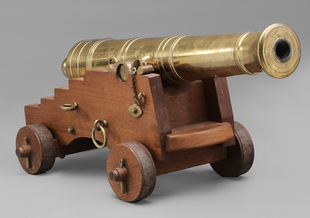 Appraisal: Brass Signal Cannon th century adjustable wooden wedge for elevation