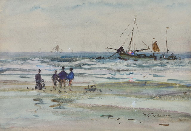 Appraisal: FREDERICK STUART RICHARDSON - Seascape with fisher folk signed watercolour