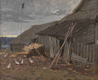 Appraisal: Vladimir Anatolievich Cherny Russian b Landscape with chickens Oil on