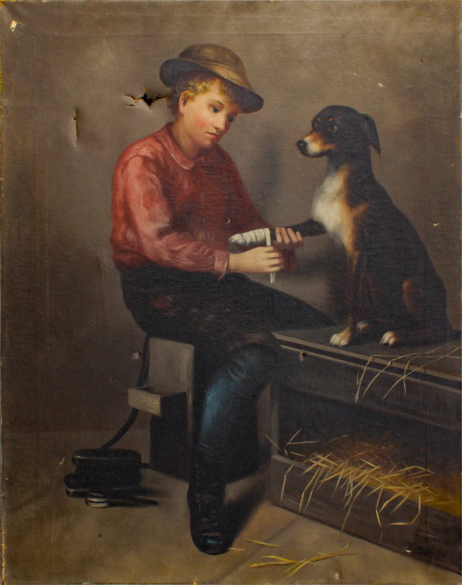 Appraisal: CHARMING TH CENTURY PAINTING YOUNG VET WITH WOUNDED DOG Oil