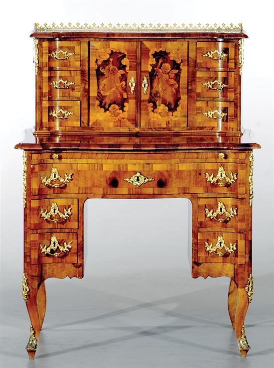 Appraisal: Continental walnut and marquetry lady's writing desk circa serpentine superstructure