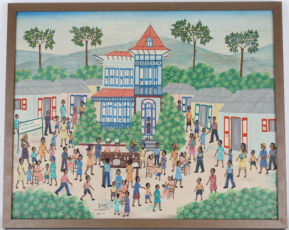 Appraisal: Haitian School Vaccination Day Painting- Signed Haitian School Vaccination Day