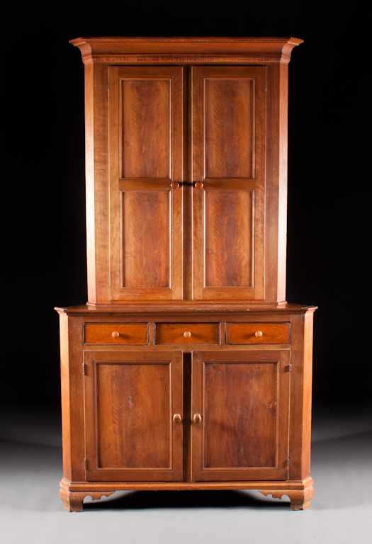 Appraisal: American Chippendale cherrywood bird's-eye and tiger maple corner cupboard first