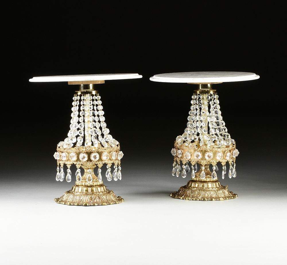 Appraisal: A PAIR OF ITALIAN HOLLYWOOD REGENCY STYLE MARBLE TOPPED AND