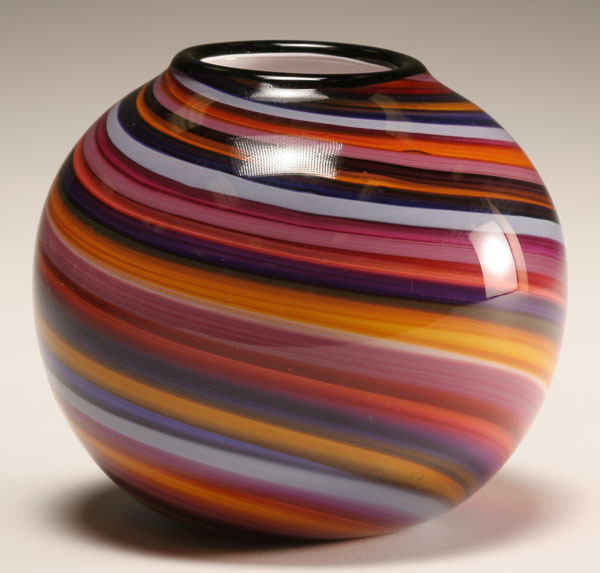 Appraisal: Albo Glass bulbous studio vase Swirled red blue yellow and