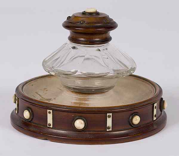 Appraisal: Inkwell Probably English th century a glass inkwell with wooden