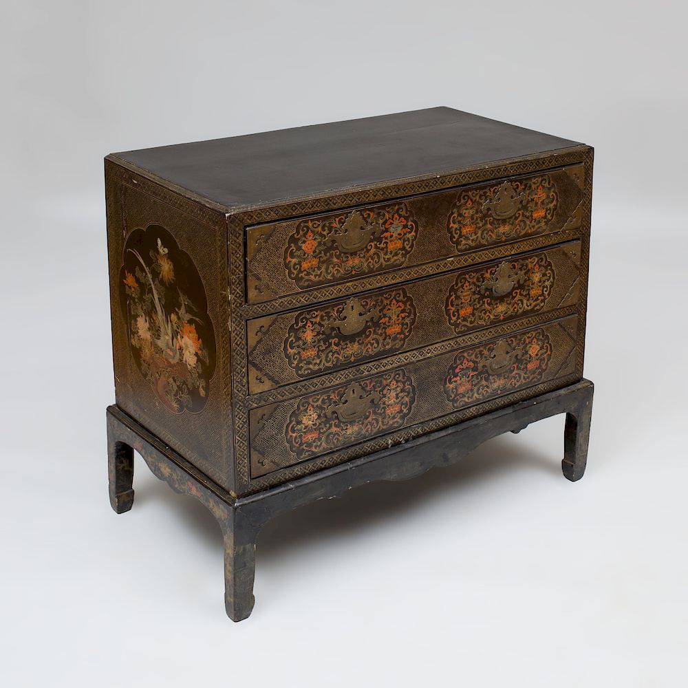 Appraisal: Chinese Export Metal-Mounted Black Lacquer and Parcel-Gilt Chest of Drawers