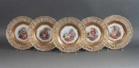 Appraisal: Set of five Dresden reticulated paint decorated porcelain dessert plates