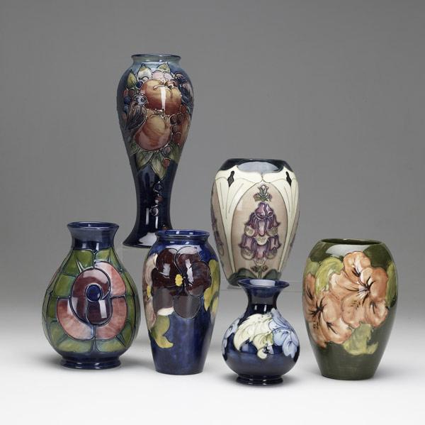 Appraisal: Six vases by Moorcroft English th C All with various