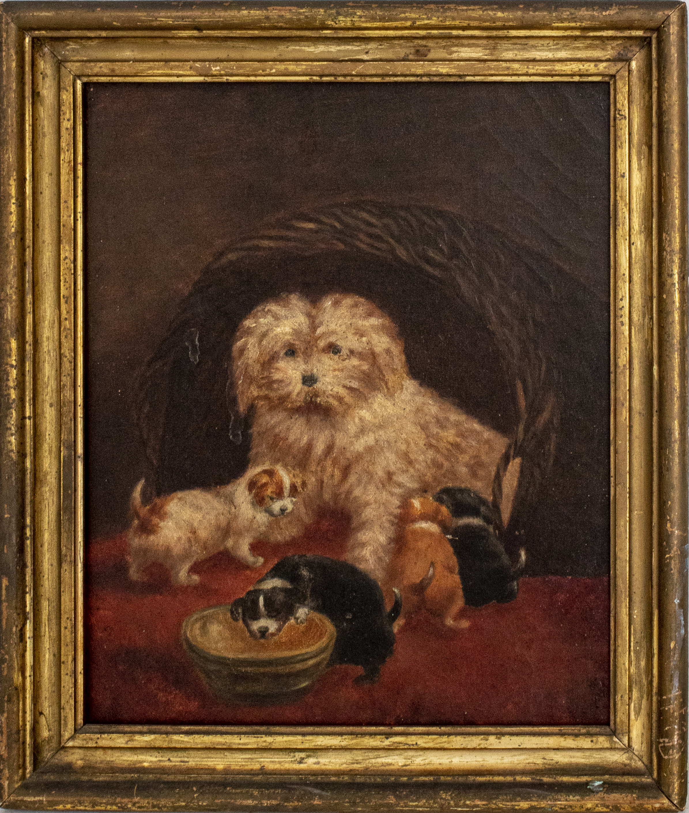 Appraisal: TH C HUNGRY PUPPIES OIL ON CANVAS th century Hungry