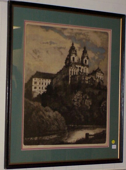 Appraisal: Austrian colored etching of Melk Abbey on the Danube River