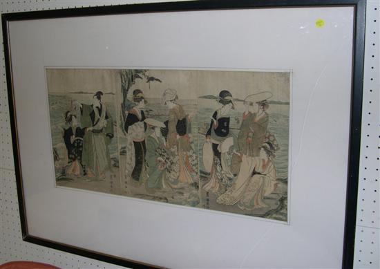 Appraisal: Asian triptych matted and framed under glass broken glass tear