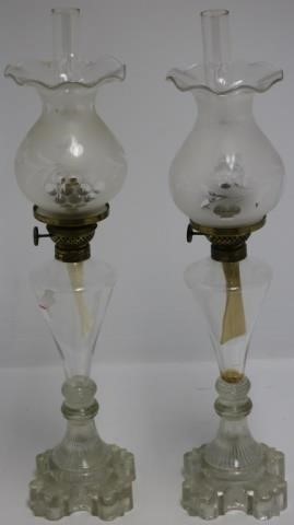 Appraisal: PAIR OF TH C WHALE OIL LAMPS UNUSUAL STEPPEDBASE BLOWN