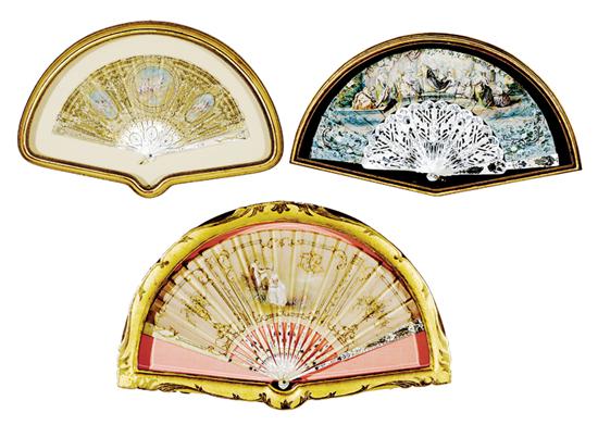 Appraisal: French painted and mother-of-pearl fans th century each with carved