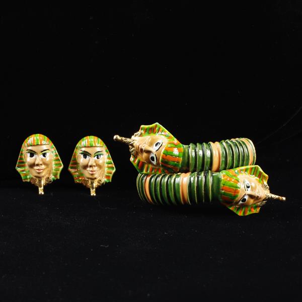 Appraisal: Robert Original pc Enamel Egyptian Pharaoh Hinged Bracelet Clip Earrings