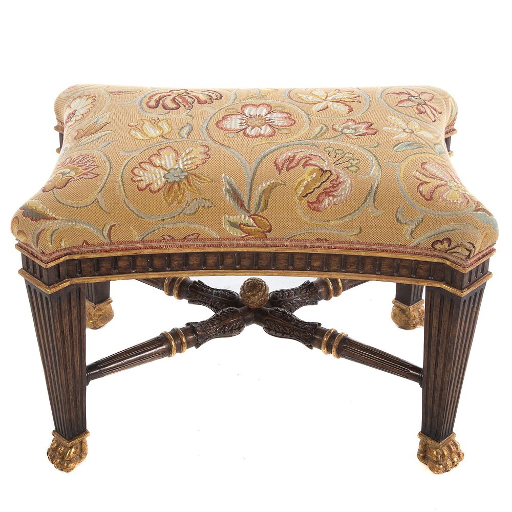 Appraisal: Regency Style Giltwood Upholstered Footstool Cut corners and extensive reeding