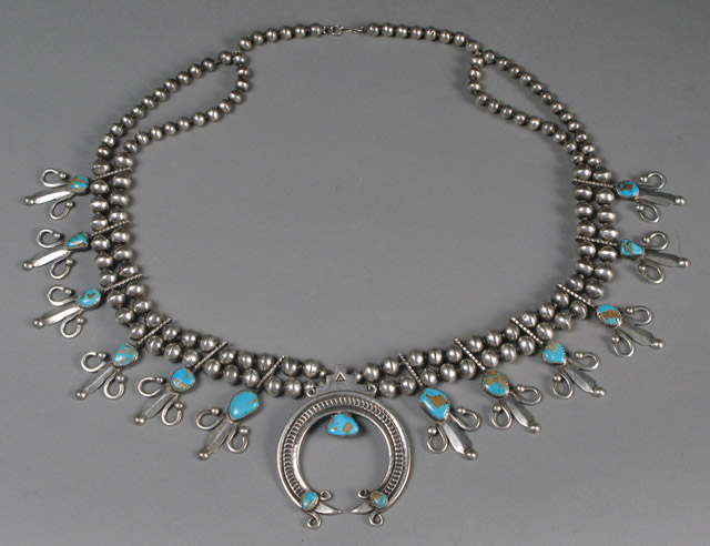 Appraisal: SOUTHWEST TURQUOISE STERLING SQUASH BLOSSOM NECKLACE silver beads turquoise settings