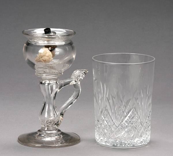 Appraisal: A glass finger lamp together with six crystal tumblers height