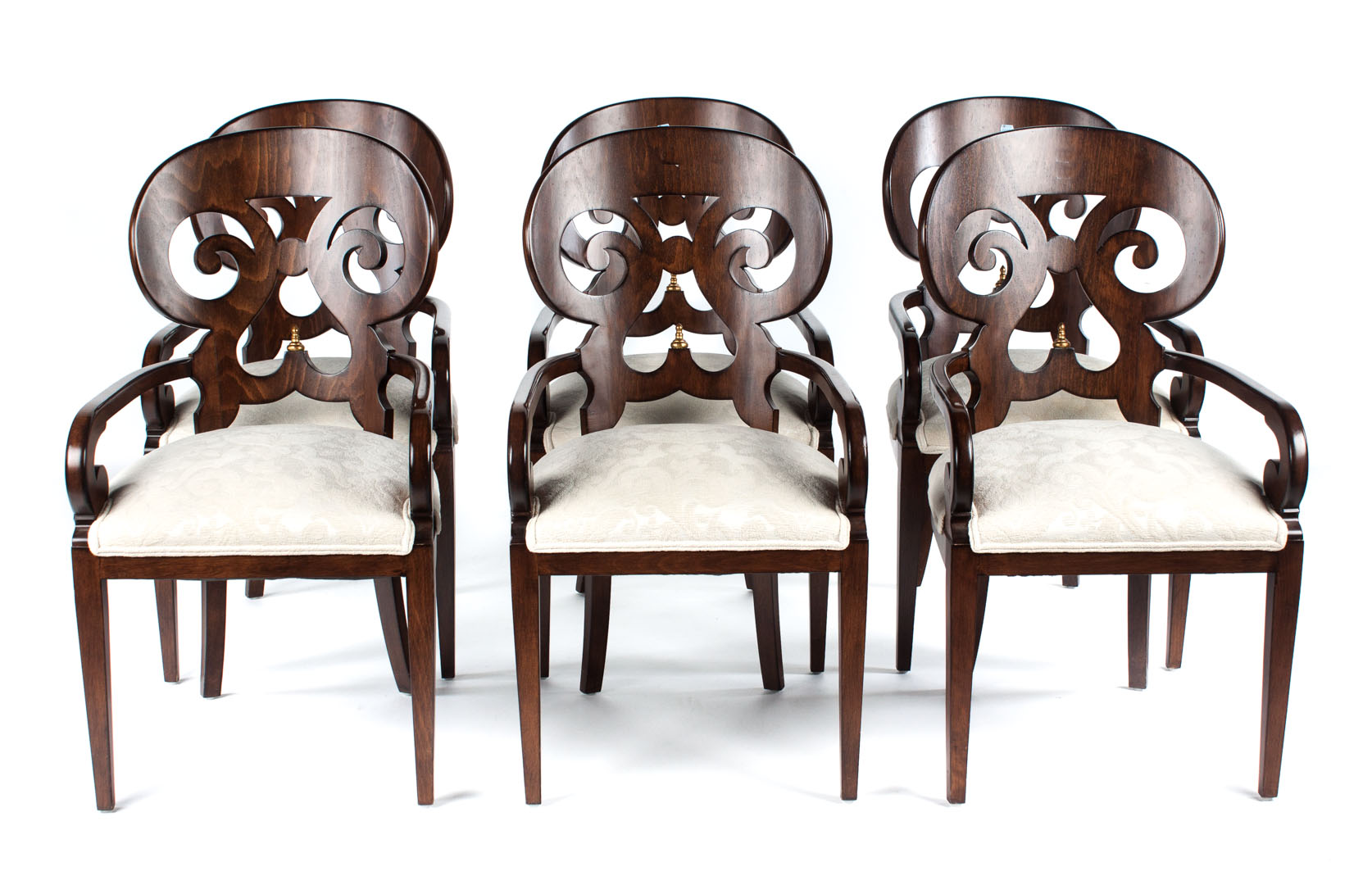 Appraisal: Set of six Biedermeier style armchairs curved openworked scroll carved