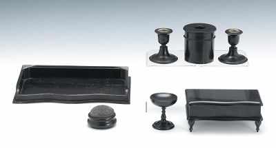 Appraisal: A British Ebony Vanity Set Including a small gallery tray