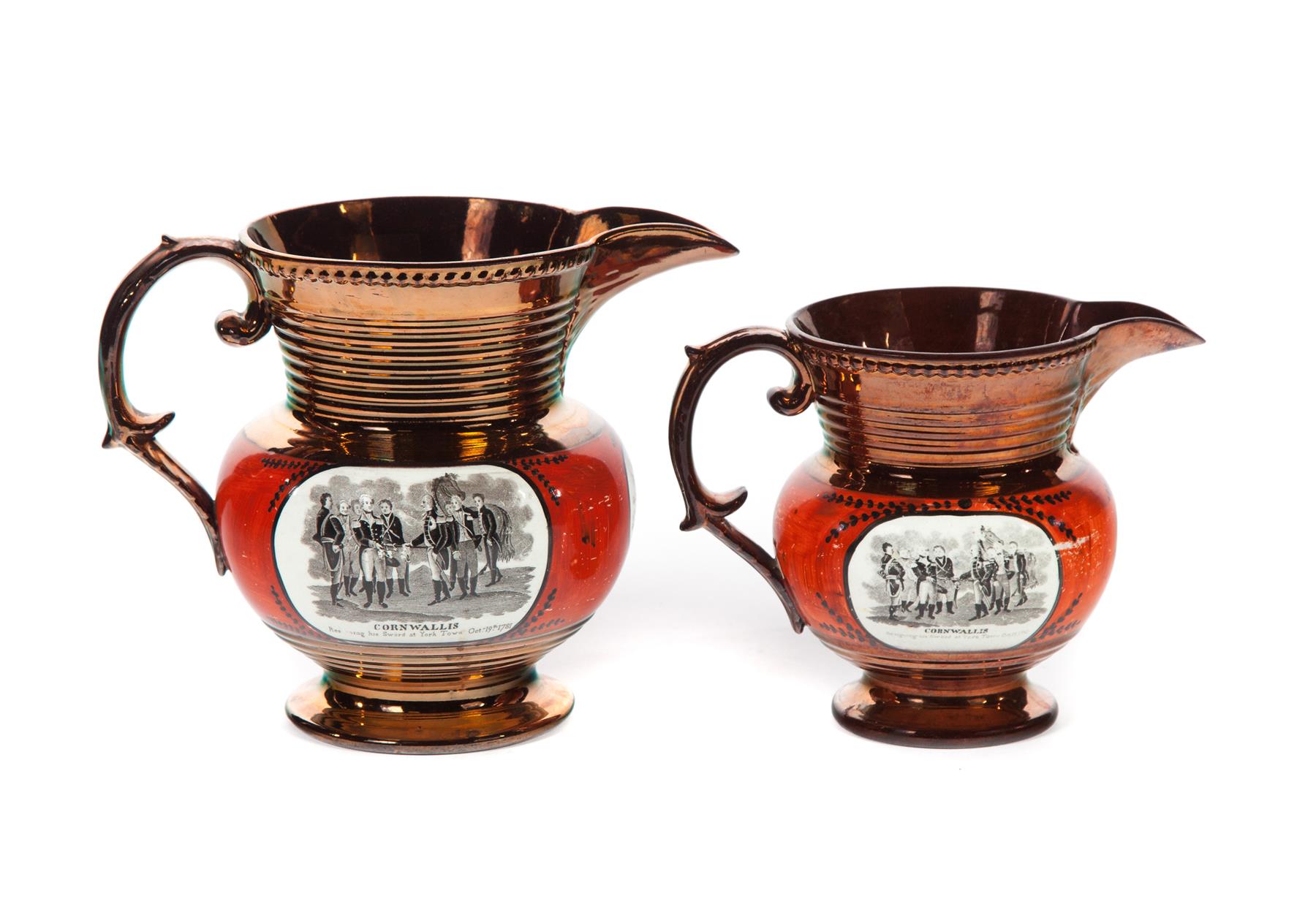 Appraisal: TWO COPPER LUSTRE PITCHERS WITH LAFAYETTE TRANSFERS England mid th