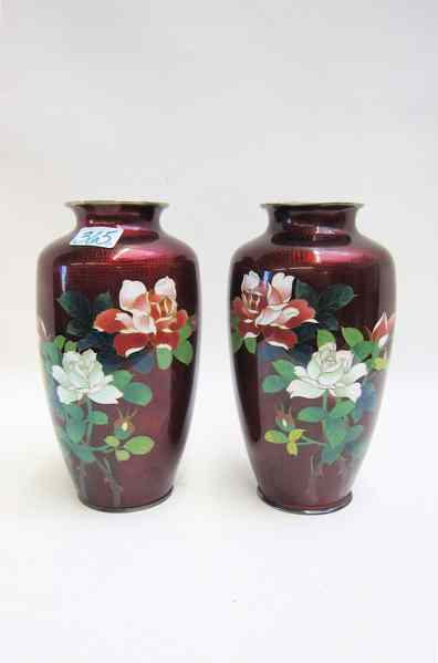 Appraisal: PAIR JAPANESE PIGEON BLOOD CLOISONNE VASES with floral decoration on