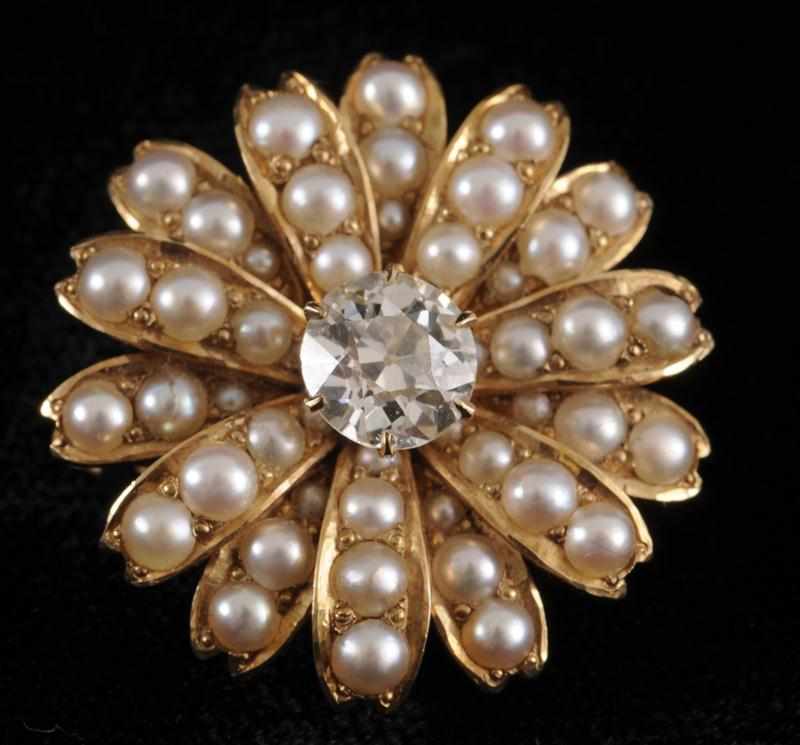 Appraisal: GOLD PEARL AND DIAMOND PIN in diam