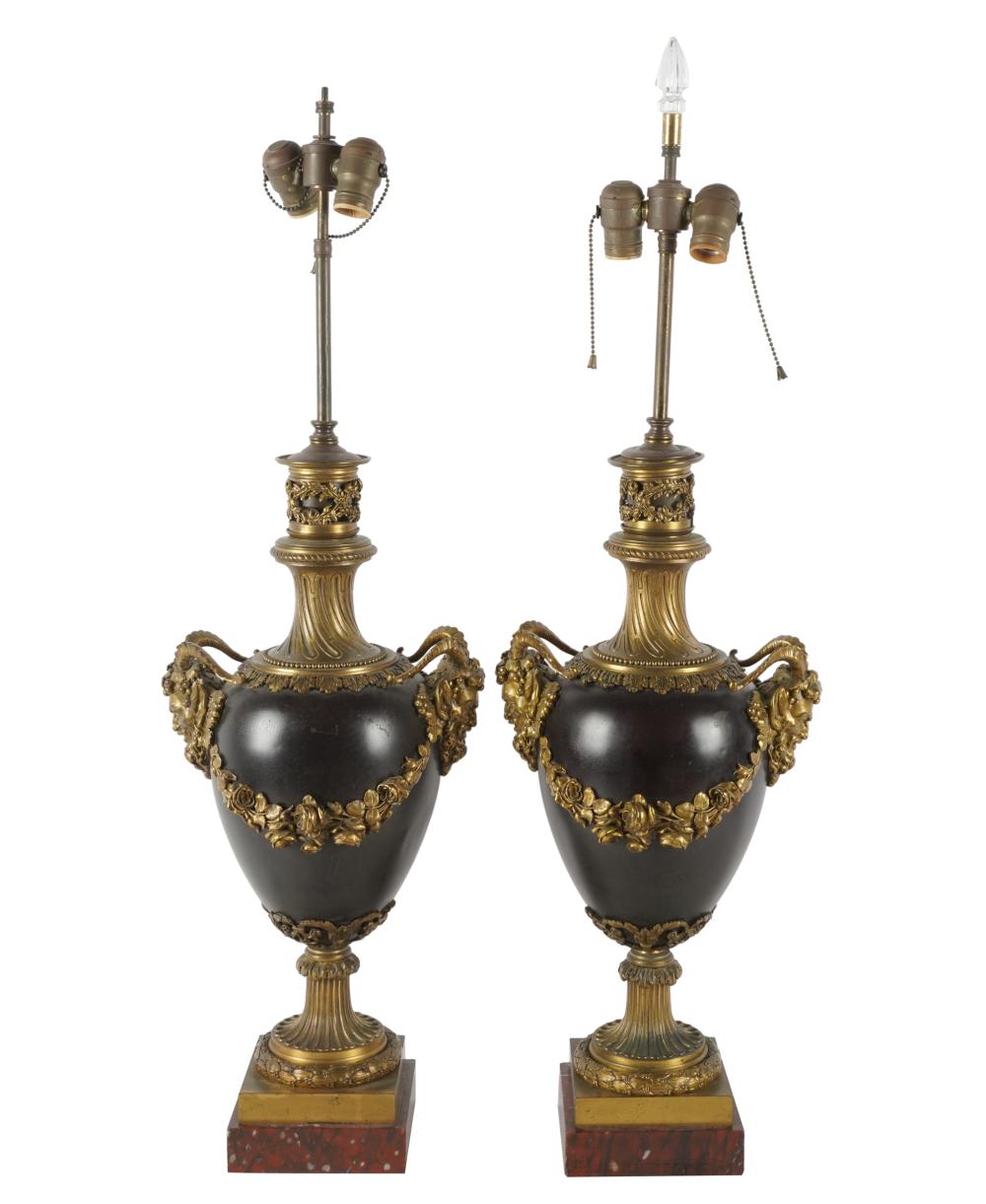 Appraisal: PAIR OF NEOCLASSICAL-STYLE URNSgilt and patinated metal mounted to rouge