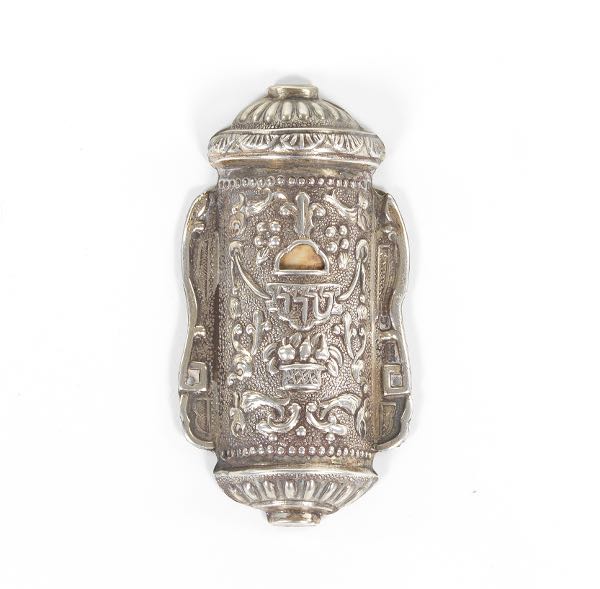 Appraisal: Antique Judaic Silver Mezuzah with Scroll x Traditional design antique