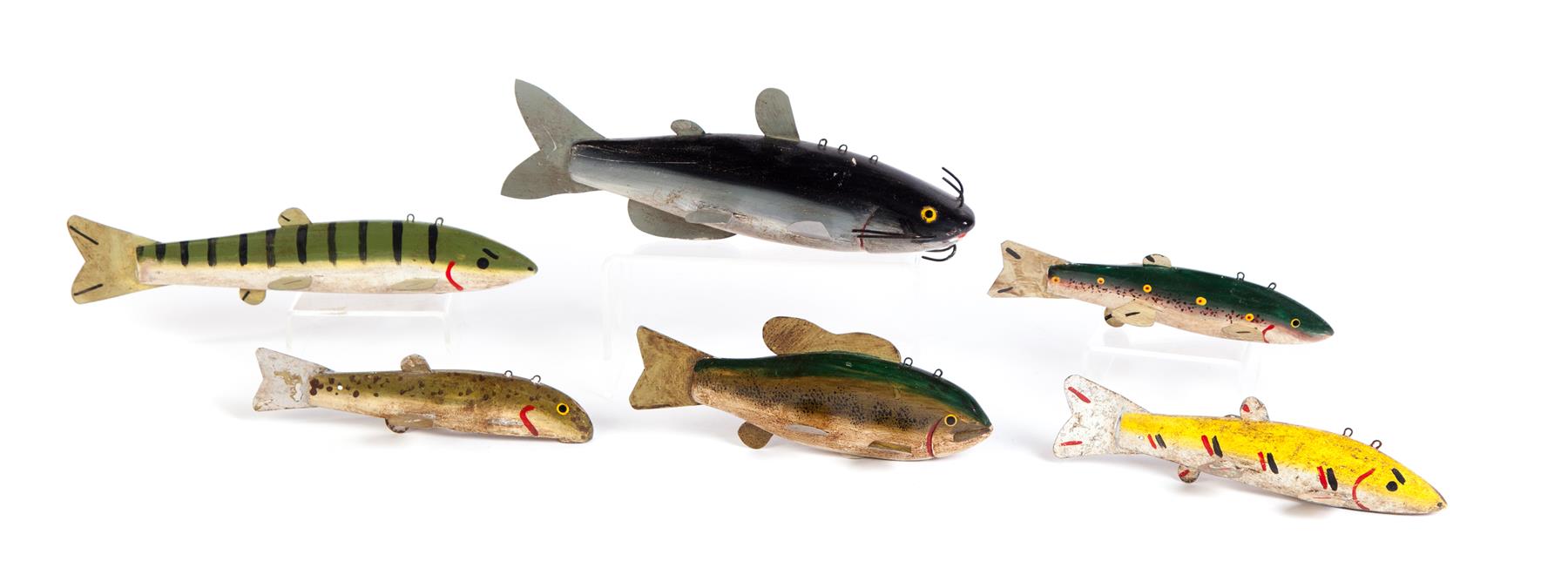 Appraisal: SIX WOODEN FISH DECOYS American th century Hand painted with