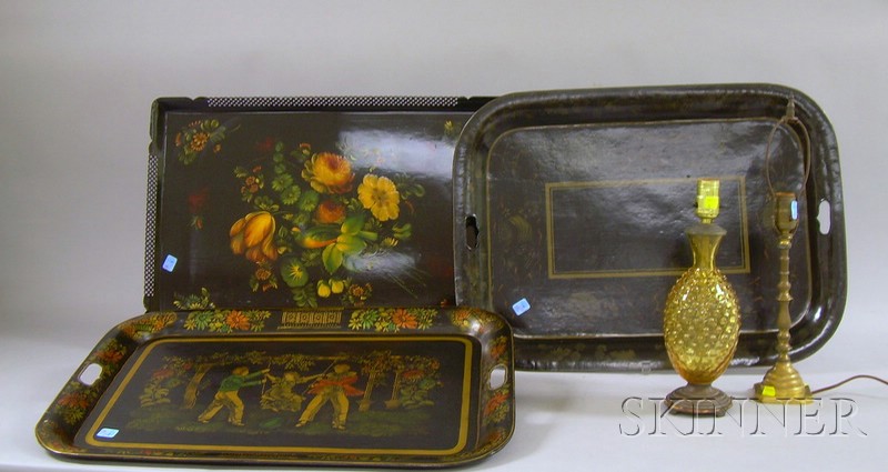 Appraisal: Three Paint Decorated and Stenciled Tin Trays an Amber Hobnail