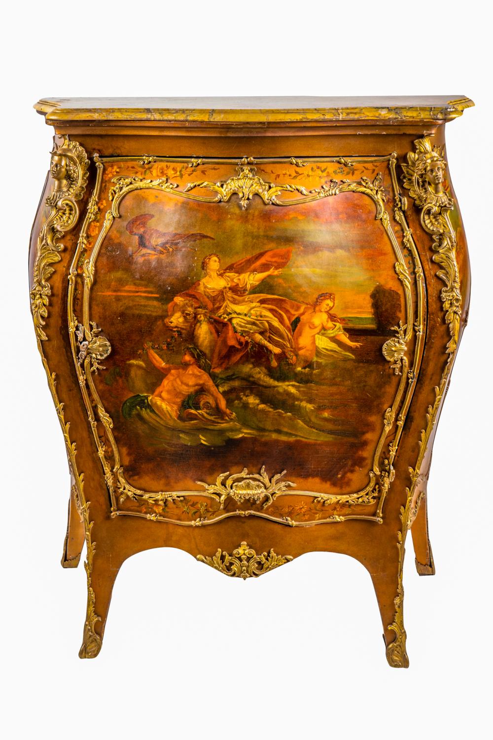 Appraisal: VERNIS MARTIN STYLE MARBLE-TOP CABINETthe serpentine top over a bombe