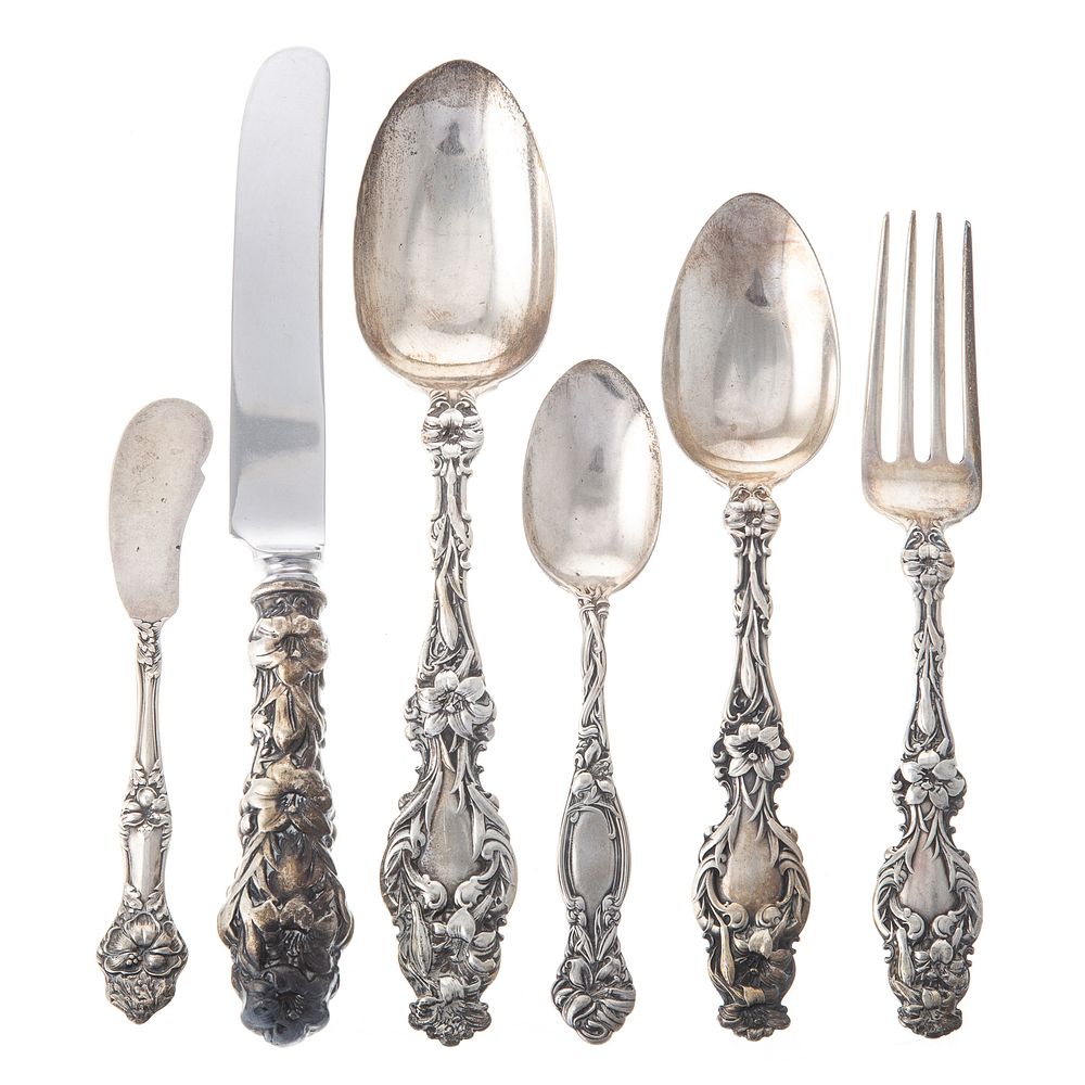 Appraisal: Whiting Sterling Lily Flatware Service Including six dinner knives six