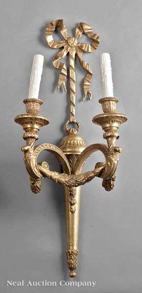 Appraisal: A Pair of Louis XV-Style Gilt Bronze Two-Light Sconces torch-form