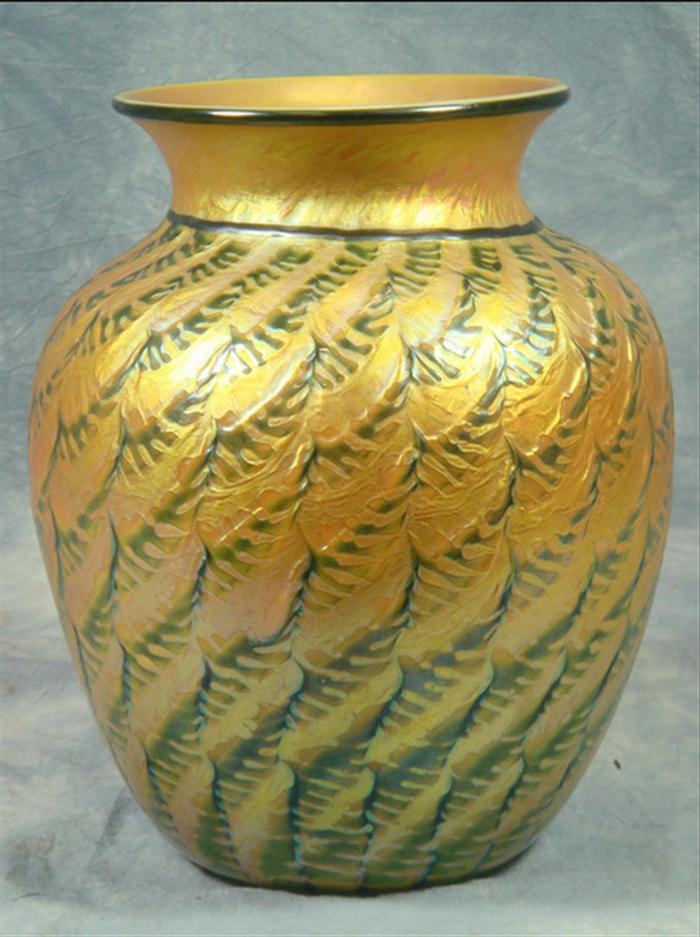 Appraisal: Lundberg green Indian Basket gold aurene art glass vase h