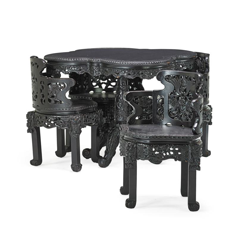 Appraisal: JAPANESE GAME SET Five Ebonized hardwood table and four chairs