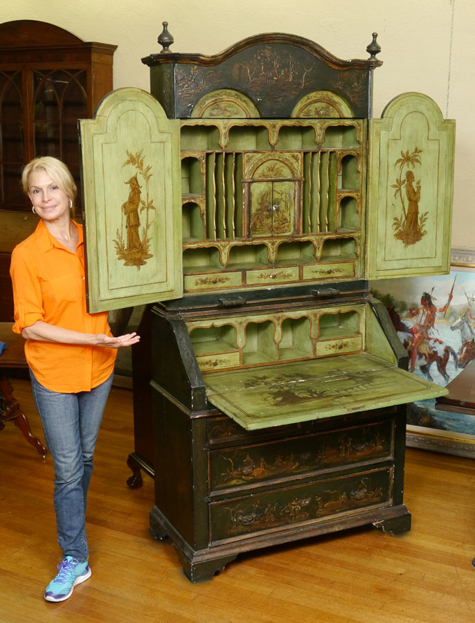 Appraisal: EARLY CHINOISERIE PAINT DECORATED SECRETARY DESK Arched pediment with finials