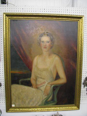 Appraisal: Deco Era Portrait of a Lady seated with fan oil