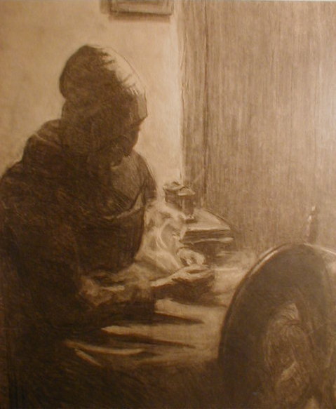 Appraisal: Newlyn School Subject Seated woman at spinning wheel Medium Pencil