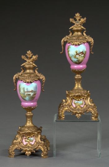 Appraisal: Pair of French Gilt-Spelter-Mounted Rose du Barry Porcelain Oviform Garniture