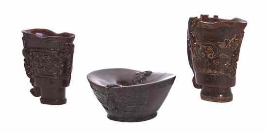 Appraisal: A Group of Three Chinese Carved Buffalo Horn Vessels each