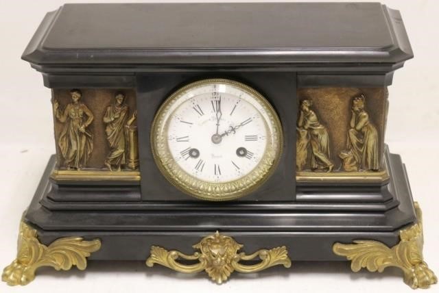 Appraisal: LATE TH BRONZE AND MARBLE MANTEL CLOCK WITHENAMEL DIAL BIGELOW