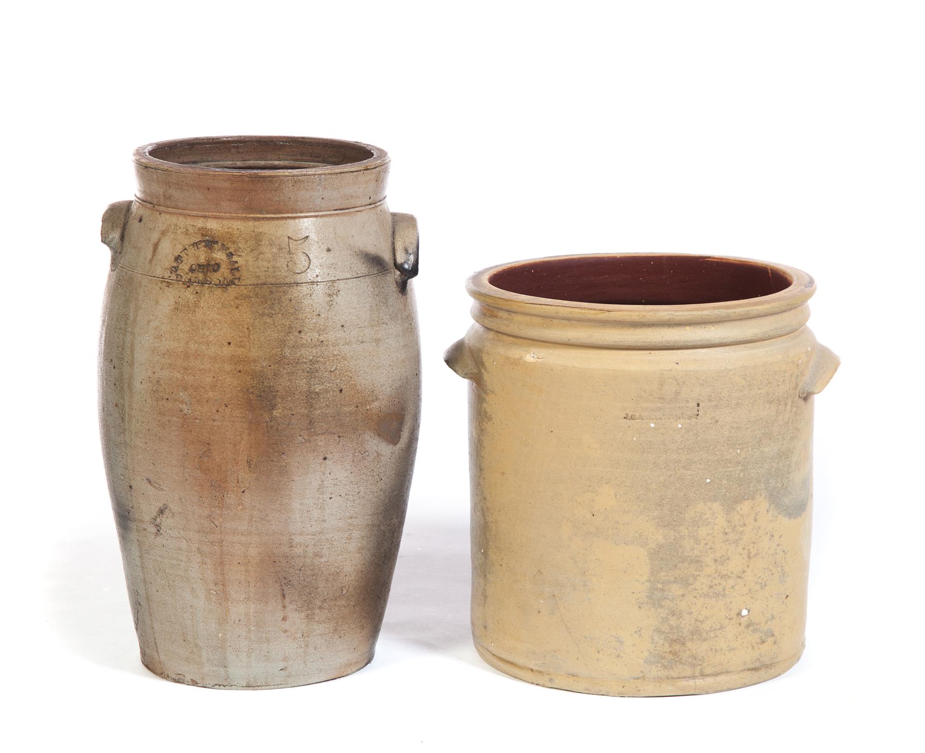 Appraisal: TWO PIECES OF OHIO STONEWARE Impressed labels Five-gallon churn Matthew