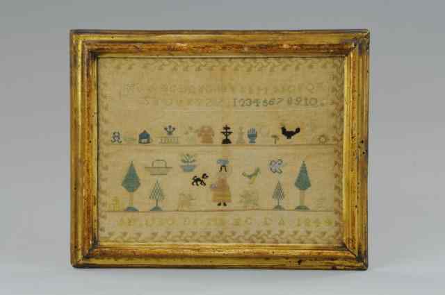 Appraisal: SAMPLER Small needlework sampler includes rows of alphabet and numbers